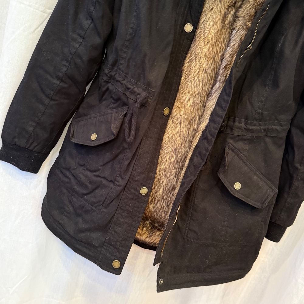 Hollister Heritage Women's Black Y2K Style Fur Lined Hooded Parka Jacket Size M - Picture 7 of 9